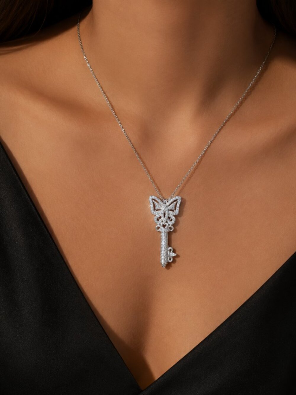 NEW Silver Diamond Butterfly Key Pendant Necklace